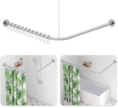 L Shaped Shower Curtain Rail, (60-133cm) x (60-133cm) Extendable Corner Shower Curtain Rail, Curved Shower Rail With 12 Rings & Ceiling Support For Bathroom & Bathtubs, Need Drilling - Silver