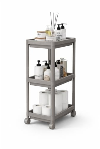 sugodesign Peggy 3-stöckiger Küchen- und Bad-Organizer mit Rollen, Kompakter Rollwagen für Badezimmer und Küche, 3 Regalböden, Werkzeuglose Montage (grau)