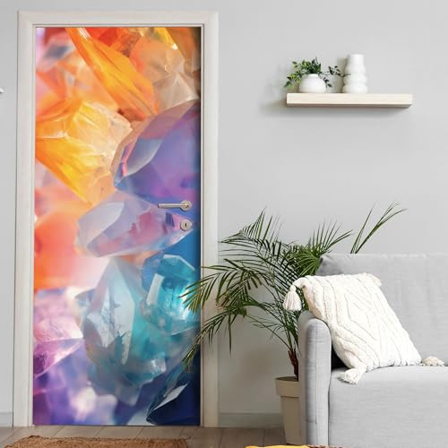 Türtapete selbstklebend blasenfrei | 200 x 90 cm Bunter Kristalle, Glas | Tür Aufkleber Türfolie | Einteilig | Wasserfest 3D Türaufkleber Klebefolie Türposter Möbelfolie