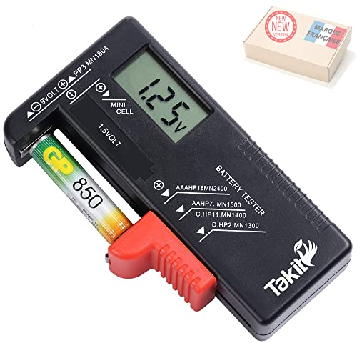 Takit Testeur de Piles numérique pour AA, AAA, C, D, PP3, 9V, 1.5V, Piles Bouton - Fonctionne sans Pile - Garantie 5 Ans - Marque Française