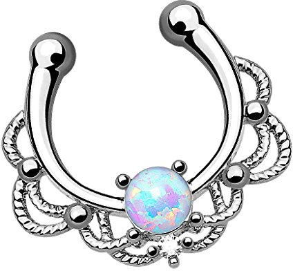 Piersando Fake Piercing Klemm Ring Vintage Nasenring Tribal Vintage mit Opal für Septum Tragus Helix Nase Lippe Ohr Intim Nippel Brust Hufeisen Silber Silber Weiß