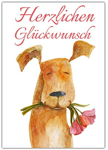 A4 XXL Glückwunschkarte HUND MIT BLUME mit Umschlag - edle Klappkarte geeignet für alle Anlässe wie Geburtstag Hochzeit Jubiläum Karte von BREITENWERK