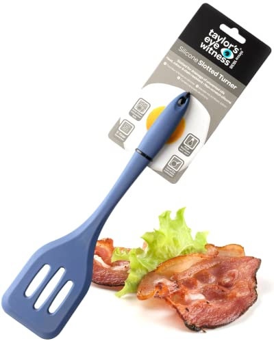 Taylors Eye Witness Large Silicone Slotted Spatula - Light Blue. Dishwasher Safe. Great for Non-Stick Frying Pans. Slotted for Drainage. Odour, Stain & Heat Resistant (260°C/500°F)