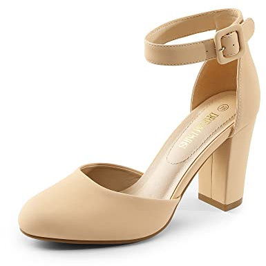 DREAM PAIRS Womens High Heels Closed Toe Court Shoes Block Ankle Strap Ladies Sandals for Wedding,Size 5.5,Nude/Nubuck,Angela
