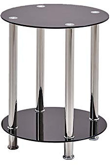 QIHANG-UK Small End Table for Living Room Sofa Side Table 2 Tier Round Coffee Table with Storage Black Glass Tabletop Chrome Finishing Legs 40 * 40*H50cm for Small Space
