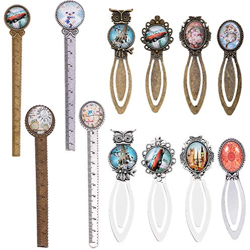 SUNNYCLUE 24 2-Farbiges Lineal Eulen-Lesezeichen-Anhänger-Set Mit 12 Metall-Cabochon-Lesezeichen Und 12 ovalen Runden Klarglas-Cabochon, Bleifrei Und Cadmium Frei