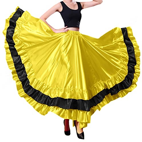 Damen Schwarz Rot Schichten Satin Langer Rock für spanischen Flamenco, Bauchtanz, , Mexiko, Ballett, Folklorico Performance Kostüm, Yellow Theme
