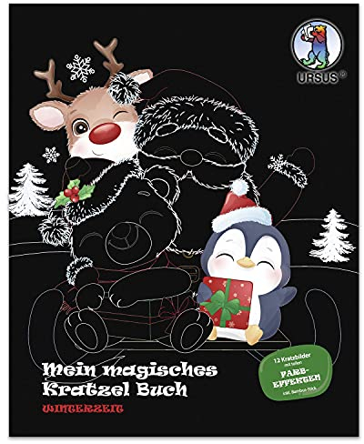Ursus 24530003F - Mein magisches Kratzelbuch Winterzeit, Block mit Kratz-und Ausmal-Bildern, ca. 21 x 26 cm groß, 12 winterliche Motive mit tollen Farbeffekten, inklusive Holz-Stick, bunt
