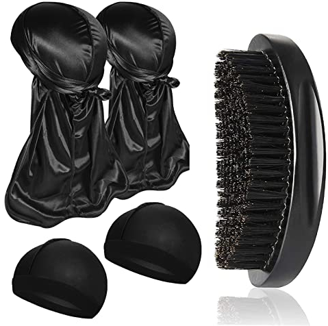 Furwabo 2 Stücke Silky Durags mit Elastischer Wave Cap und Wellenbürste Unisex,Nacht Schlaf Mütze DOO Rag Haarwellen Bürsten Kits, Strumpf Kompressions Kappen für 360 540 und 720 Wellen