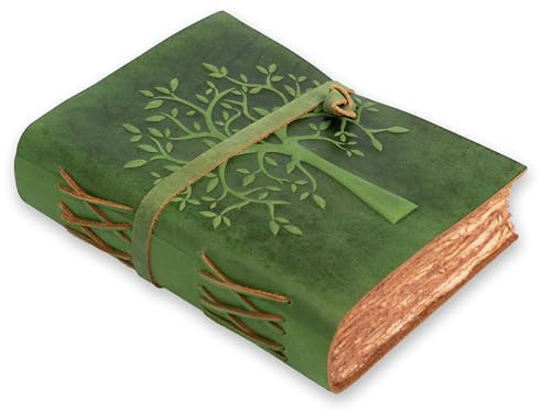 LEATHER VILLAGE Tree of Life Tagebuch – 33 x 20,3 cm – Grün – 200 antike Büttenränder – Buch der Schatten – Vintage-Ledergebundenes Tagebuch für Damen und Herren