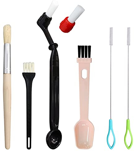 PURIMADE 7 Pcs Coffee Machine Cleaning Set - Espresso Brush With Detachable Head, Wooden Plastic Bristle Brush for Grinder, Plastic Spoon & 2 Steam Wand Brushes