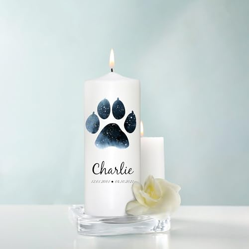 Trauerkerze für Tiere Hund Pfote personalisiert mit Namen und Datum Kerze Katze Trauer, Trauerkerze 18x7 cm