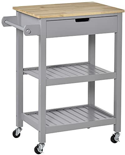 HOMCOM Desserte de Service Chariot de Cuisine à roulettes avec Plan de Travail en Bois hévéa - 2 étagères, 1 tiroir et 1 Porte-torchon
