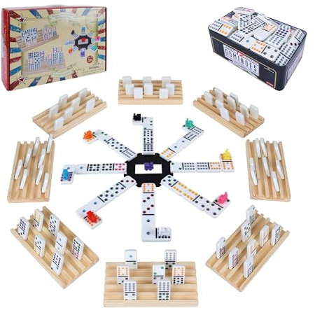Gonoelec Set domino messicano treno con 8 vassoi in legno, 91 piastrelle, doppio set da gioco domino con scatola di latta, giochi classici da tavolo per bambini, adulti e famiglie