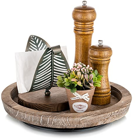 Hanobe Plateau Tournant Bois Rond: Decoratif Bougies Plateaux Rustique Décoratives Plats de Table Vintage Petit Plateau pour ottoman de Décoration de Comptoir de Cuisine Table