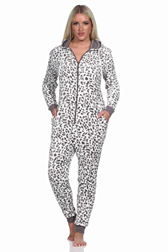 Normann Damen Schlafanzug Einteiler Jumpsuit Overall aus Coralfleece im Animal Look
