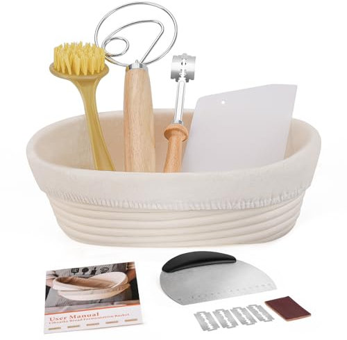 Clheatky Gärkörbchen Oval, 25 cm Gärkorb Set inklusive Brot Lahm, Teigschaber, Schüsselschaber, Reinigungsbürste zum Backen und für die Fermentation, 100% Natürlichem Rattan