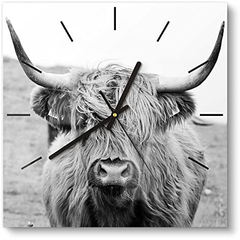 DEQORI Glasuhr | 30x30 cm | Motiv Zotteliges Hochlandrind | ausgefallene leise Design Uhr aus Glas | Wanduhr für Wohnzimmer & Küche | moderne Hingucker Uhr für die Wand