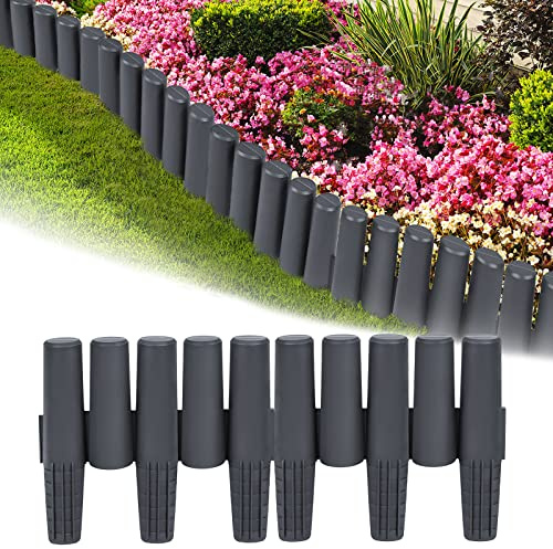 TRMLBE Rasenkante Kunststoff 2,8m Holzoptik Beeteinfassung Beetumrandung aus Polypropylen 10 stück Zylinderform Beetzaun Gartenpalisade Palisade für Garten Dekorativ - Anthrazit