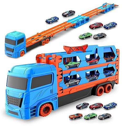 MR.HOKWY Transporter Truck Toy with Cars - Portable Race Track Truck Toy Car with 6 Race Cars, 2 Ejection Race Track, Best Gift Carrier Truck Vehicles Toys Set for Boys Ages 3 4 5 6