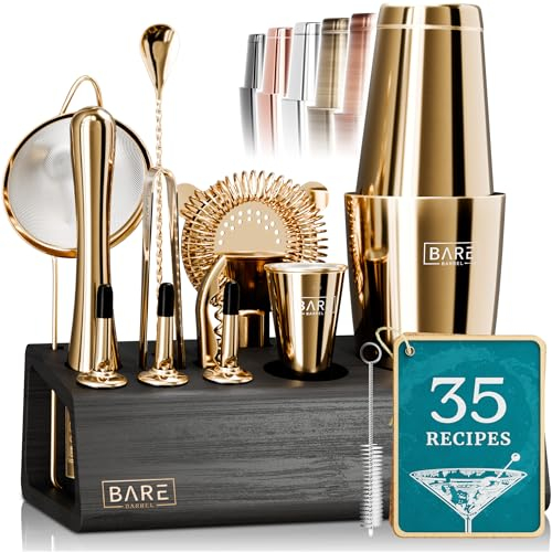 BARE BARREL® Cocktail Making Kit | 14-Piece Bartender Kit Cocktail Shaker Set Maker | Bamboo Display Stand & 35 Recipe Cards | Mixology Cocktail Gift Set (800ml/28oz Boston Shaker, Gold/Black)