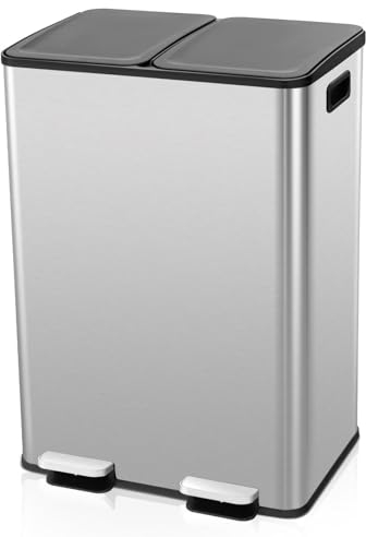 TANGZON 2x30L Recycling Pedal Bin, Double Kitchen Waste Bin with Plastic Inner Buckets, Soft Closure Lids, Deodorant Boxes & Handles, Fingerprint Proof Airtight Stainless Steel Trash Can (Sliver)