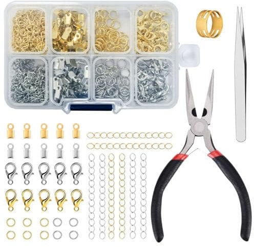 Bmeigo 300pcs Jewellery Clasps Set Gold Silver, Lobster Clasps with Extended Chains, Cords Ends, Crimping Clasps, Jump Ring Opener, Tweezer, Clamp for Jewelry Making Bracelets Necklaces Crafts DIY