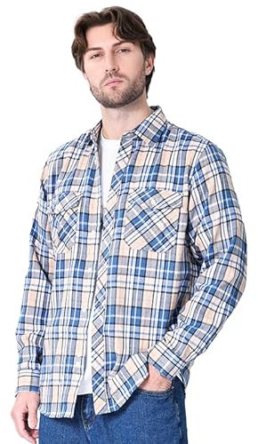 Iris Sprite Chemises à Carreaux pour Hommes Chemise à Carreaux en Flanelle Chemise décontractée à Carreaux Casual Manches Longues avec Poches(M508-Bleu Beige, S)