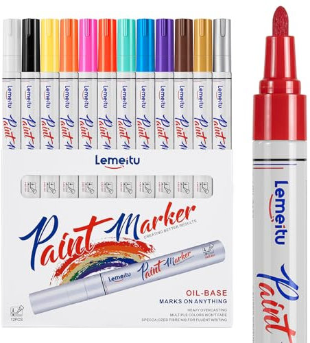 LEMEITU Lot de 12 marqueurs permanents à base d'huile - Ne se décolorent pas - Pour bureau, projets artistiques, peinture sur roche, céramique, verre, bois, plastique, métal, toile