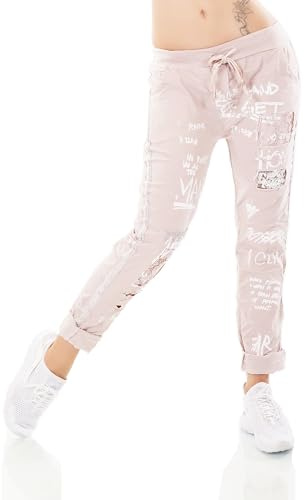 STIDIA Damen Hose Jogpants Baggy Boyfriend Freizeithose Schriftzug Seitenstreifen Häkel-Einsatz 36-40