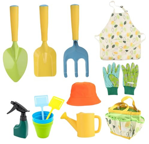 Veesper Kids Gardening Set 11PCS Garden Toys for Toddlers Including Shovel Rake Watering Pot Gloves Apron Hat Flowerpot & Tote Bag Childrens Gardening Tools Garden Toys for Toddlers Age 3-5