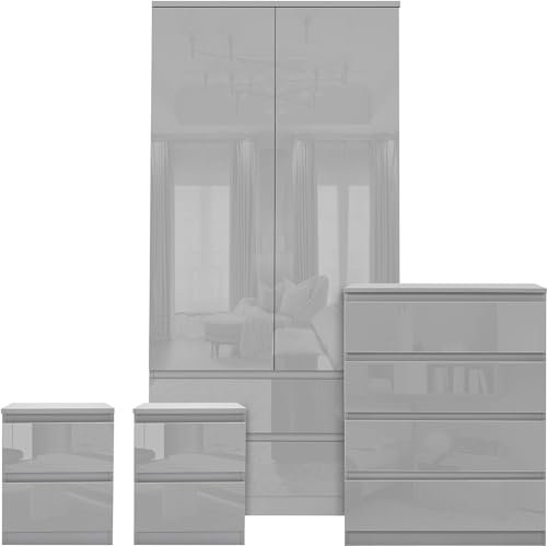 Blisswood High Gloss 3 Piece Bedroom Furniture Set, 2 Door 2 Drawers Wardrobe, 4 Storage Drawer Chest Of Drawers, 2x Bedside Cabinets Bedroom Furniture Storage Sets, Grey