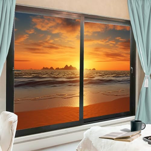 Natürliche Meereslandschaft Fensterfolie, hitzeblockierend, schöne Sonnenuntergang-Landschaft, moderne Privatsphäre, Fensterdekoration, Glastürabdeckung, nicht klebende Fensterfolie für Badezimmer,