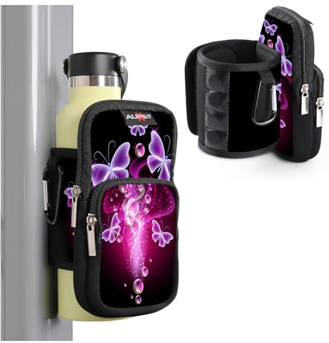 AUPET Magnetic Gym Water Bottle Holder - Gym accessories for men Women,Magnet Bottle Cup Carrier Phone Bag Sleeve Pouch Purse (Purple Butterfly, M(fit 25-40oz))