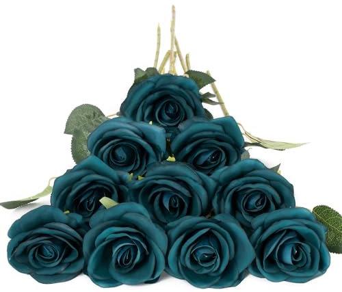 DuHouse 10er Set Künstliche Rosen aus Seidenstoff – 54 cm Lange Stiele, Realistische Fake Blumen für Hochzeit, Brautstrauß, Party Tischdekoration & Haus Dekor(Pfauenblau)