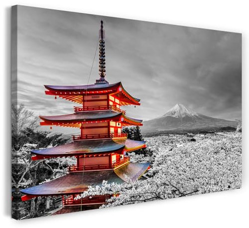 Printistico Leinwandbild (100x70cm) Japanischer Tempel - Asien Fotografie, Berglandschaft, echter Holz-Keilrahmen inkl. Aufhänger, handgefertigt in Deutschland