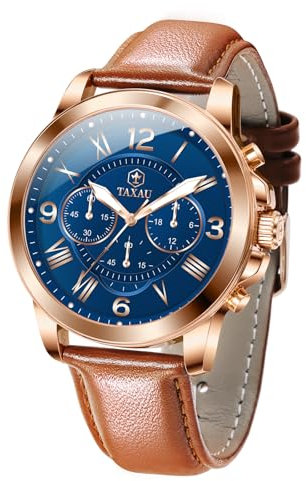 Taxau Herrenuhren Lederarmband Großes Zifferblatt Blau Uhr Herren Wasserdicht Herrenarmbanduhr Lederband Tag Datum Lässig Uhr für Manner Watches Men Luxus Business Luminous Armbanduhr Leder