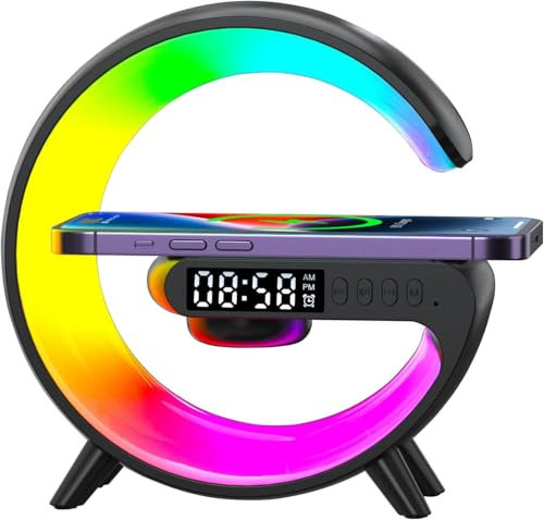 mumisuto Wireless Speaker Charger Light, G Lamp with Wireless Charger, Smart Lamp Bluetooth Speaker, 5W Mood Light with Alarm Clock, 10 Lighting Modes, Bedroom, Party (Black Plug-in Type)