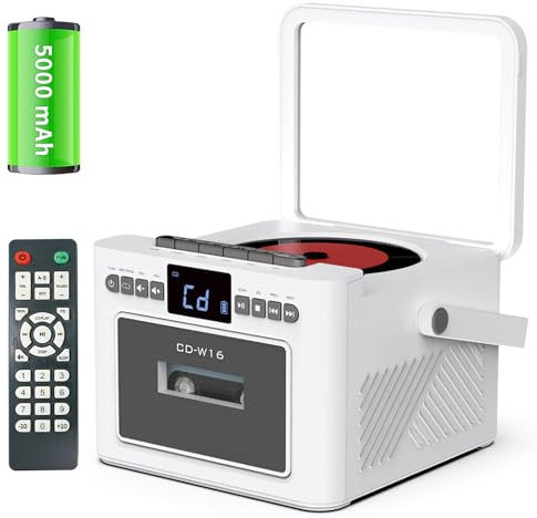 VoOqo CD Player with Speakers,Radio Tape Cassette CD Players, Bluetooth,Tape Recording,Remote Control,Led Display,3.5MM Aux Port,Headphone Socket,5000Mah Battery,USB,AUX,TF/SD Car white