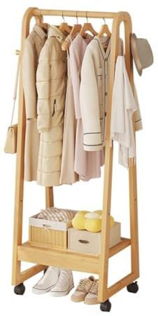 DODOBD Kleiderständer auf Rollen,Garderobenständer,Offener Kleiderschrank Holz,Kleiderstange Holz mit Ablage,Bambus,Multifunktional,Freistehender,Stabil,für Flur,Wohnzimmer Und Büro