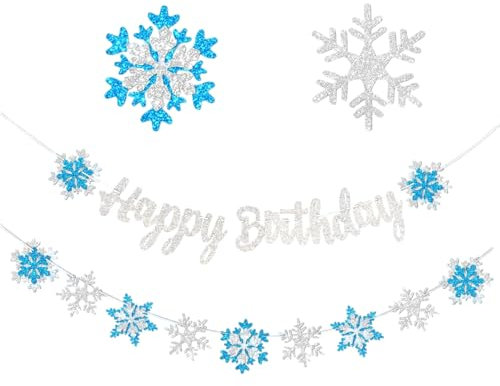Mrltau 2 Pcs Happy Birthday Girlande Schneeflocken, Geburtstagsgirlande, Schneeflocken Geburtstagsdeko, Happy Birthday Banner Schneeflocken Deko