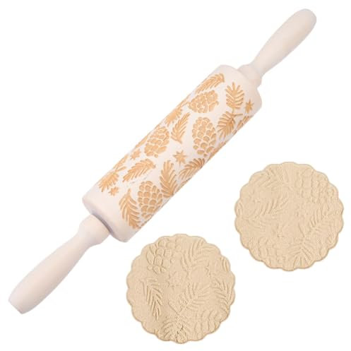 DELORIGIN Weihnachtsgeprägtes Nudelholz Aus Holz Mit Tannenzweig Aufdruck 35cm Nudelholz Zum Backen von Keksen 3D Muster DIY Backen Hausgemachtes Gebäck Kekse