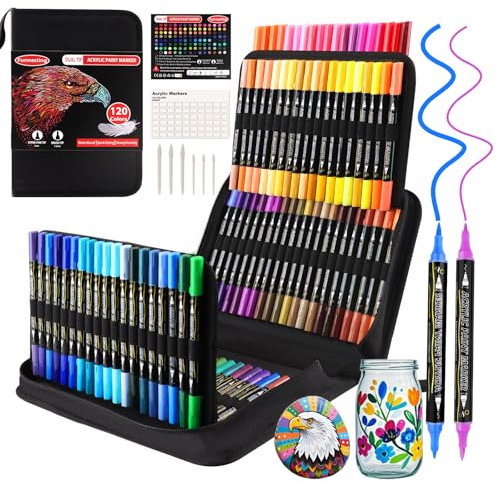 Funnasting Acrylic Paint Pens, 120 Colors Dual Tip Acrylic Markers, Glass Paint Pens Contain 12 Metallic Color for Rock Painting, Wood, Canvas, Stone, Ceramic Surfaces