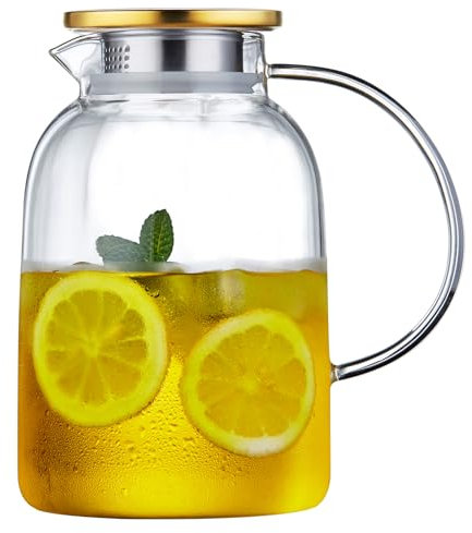 MESNEY Tetera de vidrio de 2 litros con infusor y tapa, tetera de vidrio de borosilicato alto con boquilla de pico de pájaro, tapa giratoria con agujeros grandes y pequeños, mango de vidrio para té