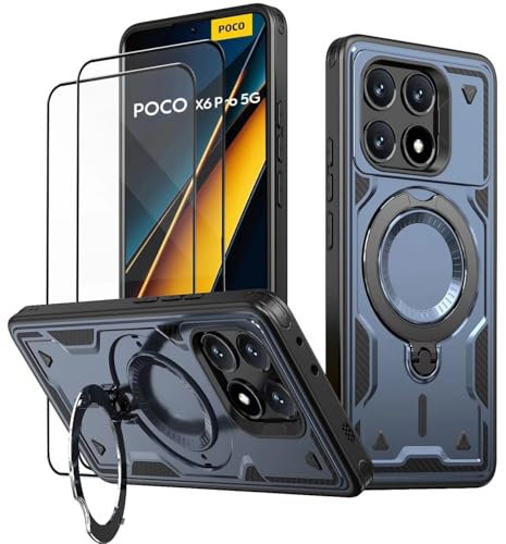 KANSi Cover per Xiaomi Poco X6 Pro 5G con Vetro Temperato*2, Custodia Protettiva per Smartphone con Anello Rotante - Antiurto Bumper Blu