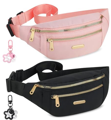 patinadrift 2 Stücke Bauchtasche Damen Herren Gürteltasche Wasserdicht Sporttasche mit Stern Schlüsselanhänger Mode Hüfttasche für Reisen, Wandern, Radfahren, Joggen, Camping(Schwarz/Rosa)