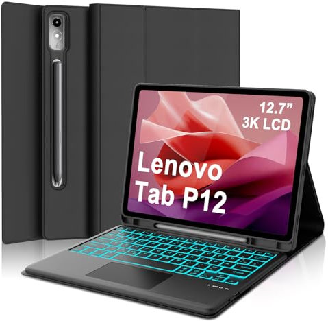 WAVATA Tastiera per Lenovo Tab P12 12.7 2023 con Touchpad, Custodia Tastiera per Lenovo Tab P12 2023 Bluetooth Magnetica Staccabile Cover Retroilluminata QWERTY Layout, Nero