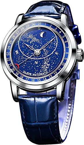 OLEVS Herren Uhren Sternen Himmel Mondphase Zifferblatt Mechanisch Automatische Aufziehen Blau Lederband Armbanduhr Mode Kleid Wasserdicht Leuchtende Männer Uhr