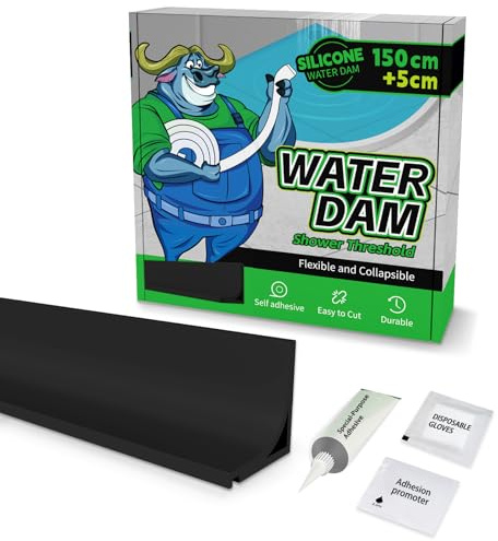 ALITAIYI Schwallschutzleiste Dusche, Wasserstopper, Schwarz, 155 cm | Selbstklebend, Silikon, mit Kleber, Biegbar und Zuschneidbar, für Duschschwelle, Badewanne, Waschbecken und Küche