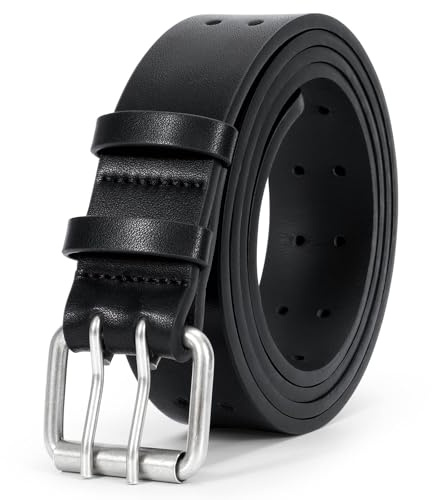 LEACOOLKEY PU-Ledergürtel für Herren mit Doppelschnalle Arbeitsgürtel für Jeans 2 Löcher Casual für Herren